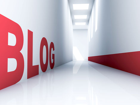 Rendering of a red blog text in a white corridor